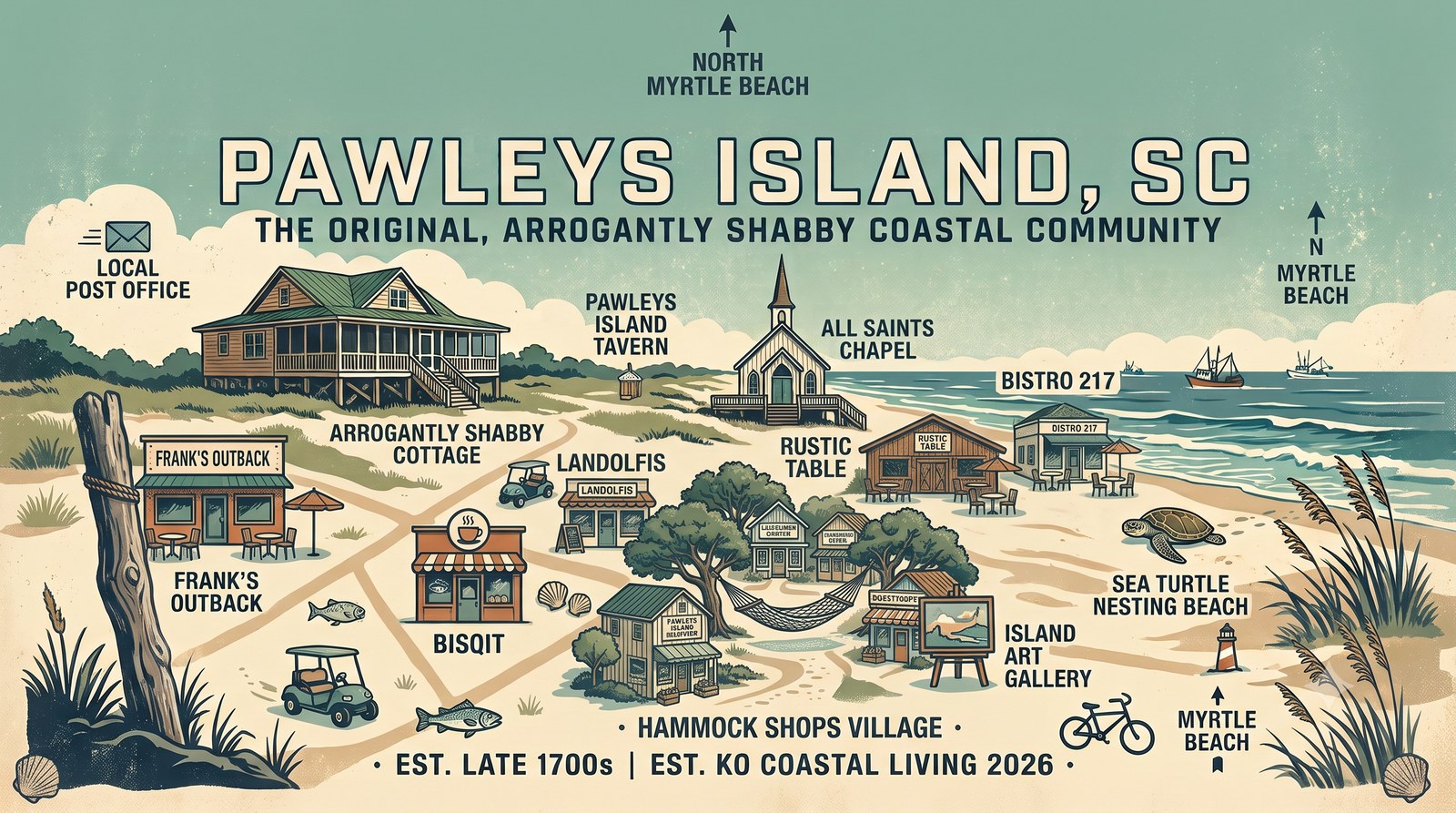 Illustrated pictorial map of Pawleys Island, SC — weathered beach cottages, All Saints Chapel, the Hammock Shops Village, local spots like Frank's Outback and Pawleys Island Tavern, sea oats, golf carts, and the sea-turtle nesting beach along the Atlantic.